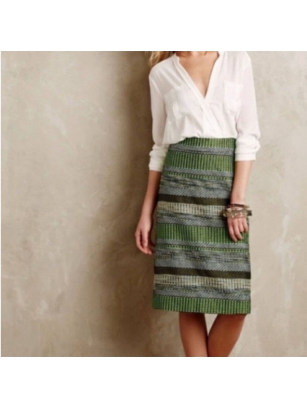 Anthropologie 14 LEIFSDOTTIR Jade Green Tweed Striped Pencil Knee length Skirt